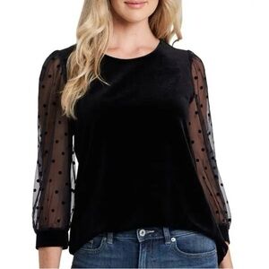 CeCe Black Clip Dot 3/4 Sheer Sleeve Velvet Top